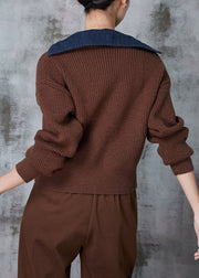 Brown Patchwork Knit Fake Two Piece Sweater Asymmetrical V Neck Winter