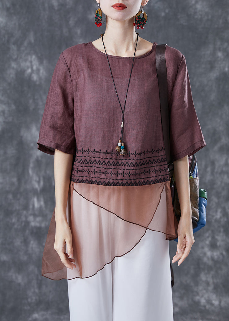 Brown Patchwork Linen Shirts Asymmetrical Embroidered Summer