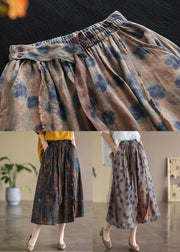 Brown Patchwork Linen Skirts High Waist Print Summer