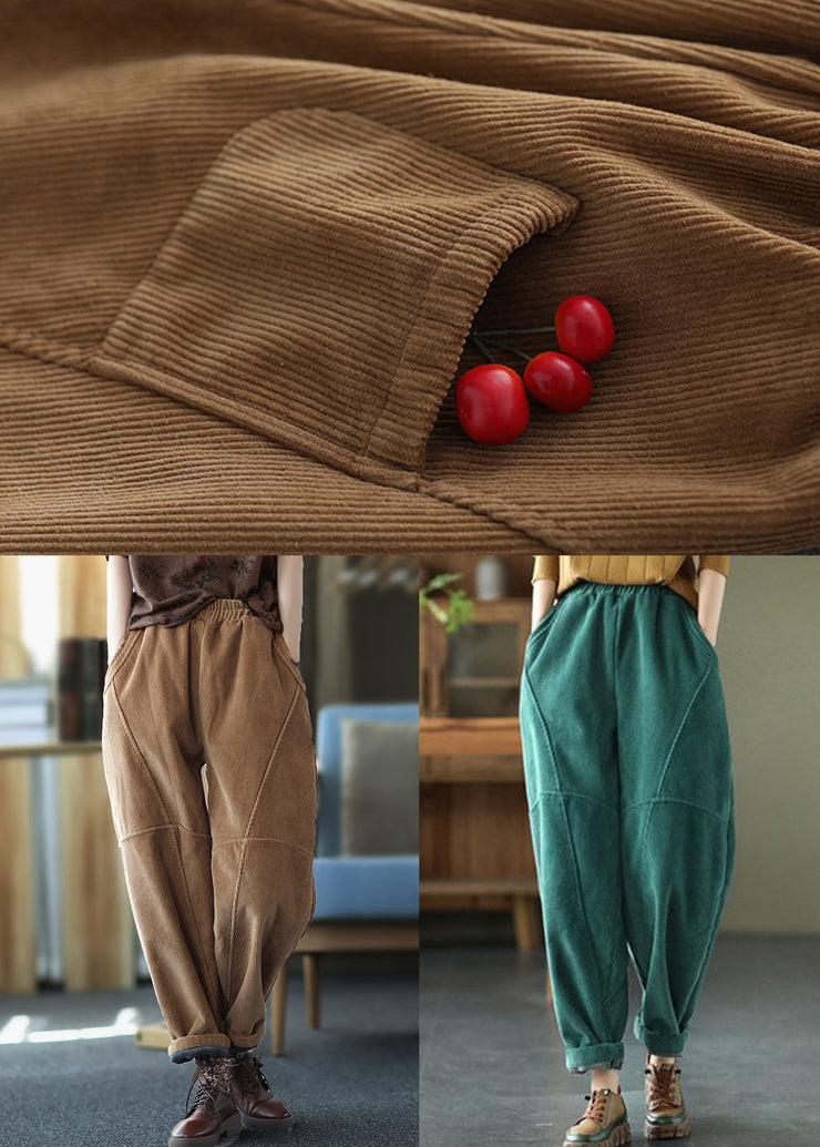 Brown Patchwork Thick Corduroy Pants Elastic Waist Solid Winter