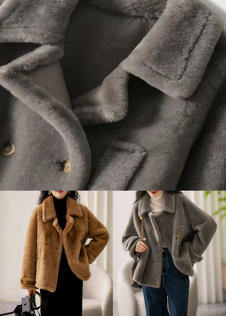 Brown Patchwork Wool Coat Outwear Peter Pan Collar Button Winter