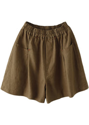 Brown Pockets Linen Wide Leg Shorts Elastic Waist Summer
