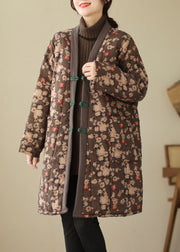Brown Pockets Patchwork Button Parka Long Sleeve