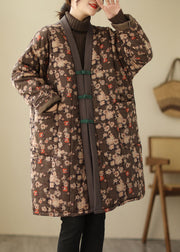 Brown Pockets Patchwork Button Parka Long Sleeve