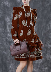 Brown Print Silk Velour Vacation Dress Ruffled Puff Sleeve