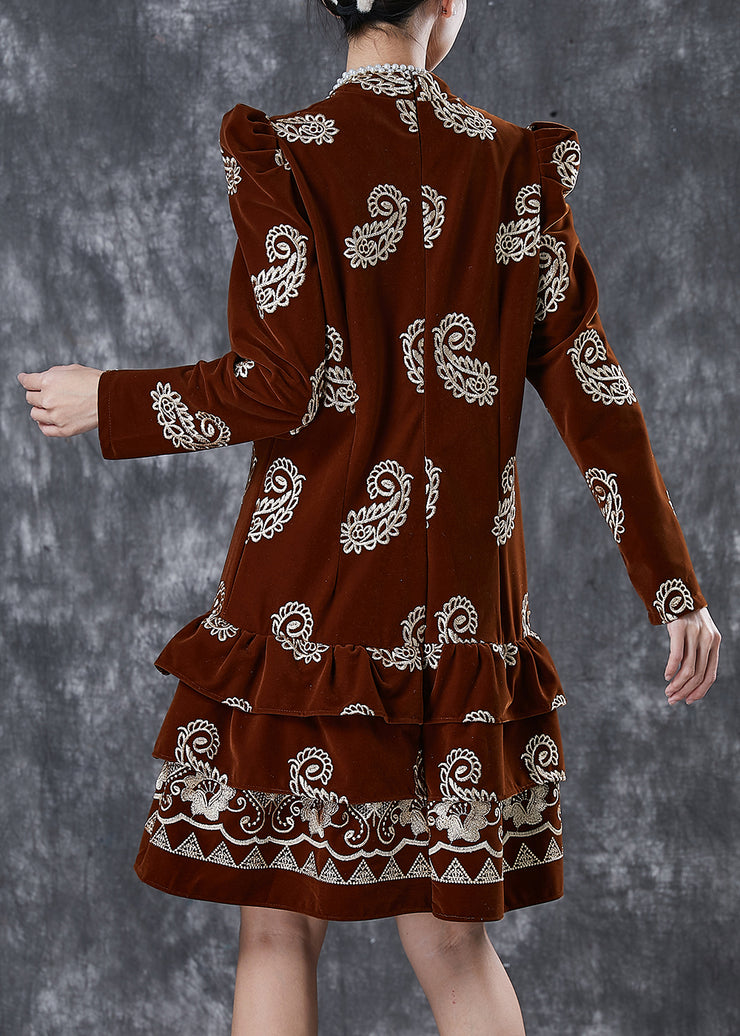 Brown Print Silk Velour Vacation Dress Ruffled Puff Sleeve