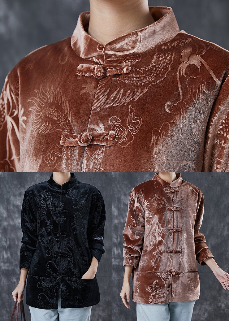 Brown Retro Corduroy Coats Dragon Embroideried Spring