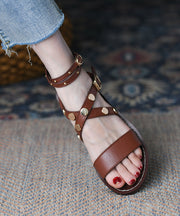 Brown Rivet Splicing Comfy Sandals Peep Toe Buckle Strap Lace Up