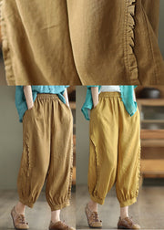 Brown Ruffled Elastic Waist Cozy Crop Pants