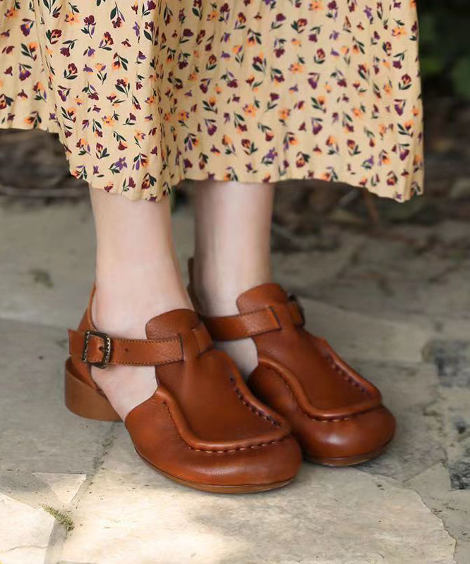 Brown Sandals Chunky Cowhide Leather Retro Splicing Buckle Strap