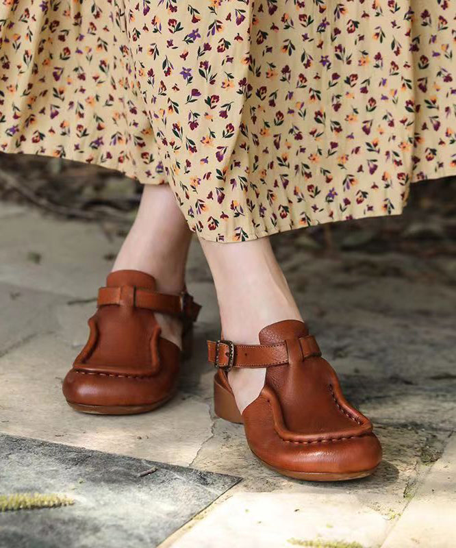 Brown Sandals Chunky Cowhide Leather Retro Splicing Buckle Strap