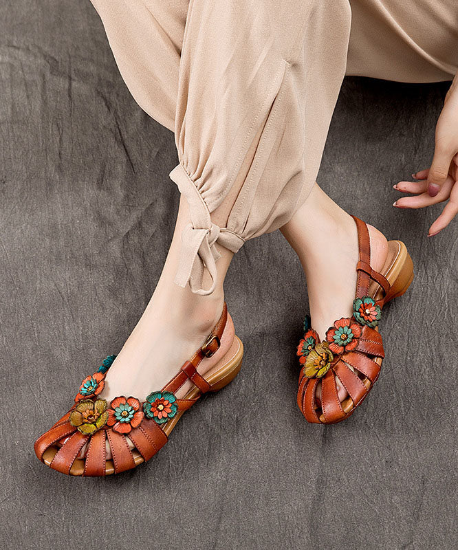 Brown Sandals Splicing Cowhide Leather Hollow Out Buckle Strap Floral