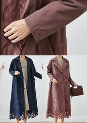 Brown Spandex Trench Coats Embroidered Tie Waist Fall