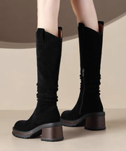 Brown Stylish Splicing Wrinkled Chunky Suede Long Boots
