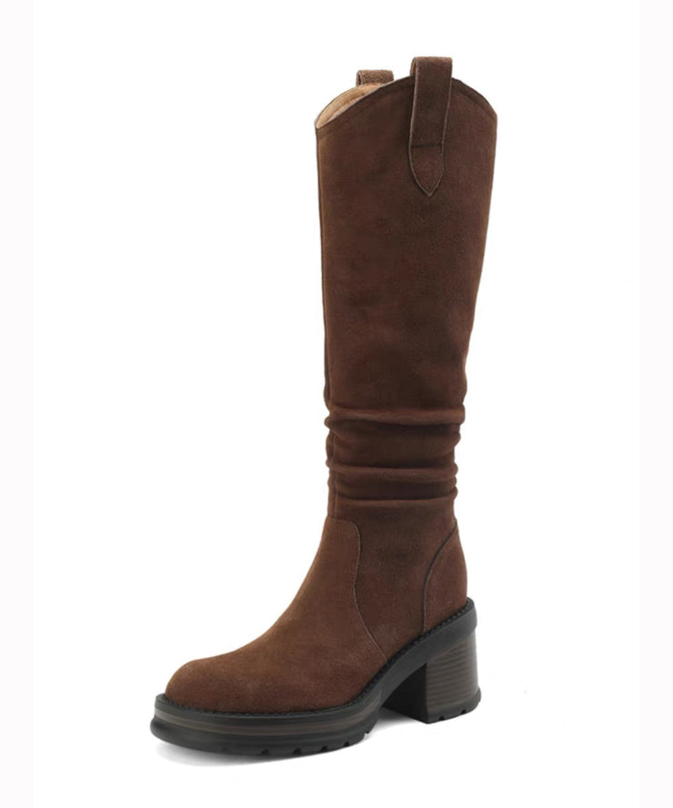 Brown Stylish Splicing Wrinkled Chunky Suede Long Boots