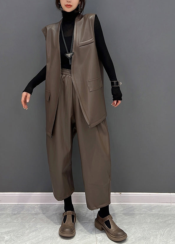 Brown V Neck Faux Leather Waistcoat And Straight Pants Two Pieces Set Fall