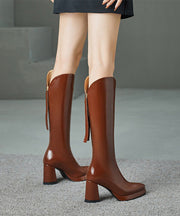 Brown Zippered Splicing Cowhide Leather Chunky Heel Boots