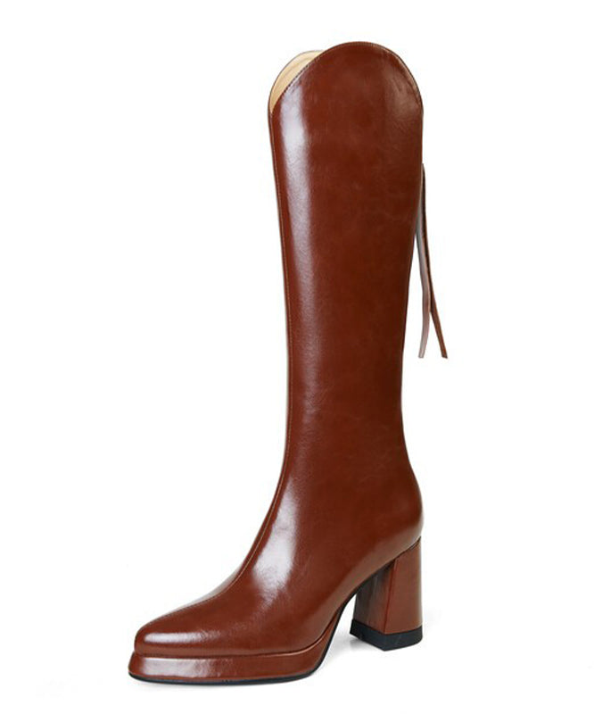 Brown Zippered Splicing Cowhide Leather Chunky Heel Boots
