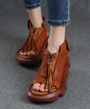 Brown zippered Flat Sandals Platform Walking Sandals - SooLinen