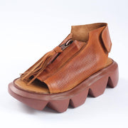 Brown zippered Flat Sandals Platform Walking Sandals - SooLinen