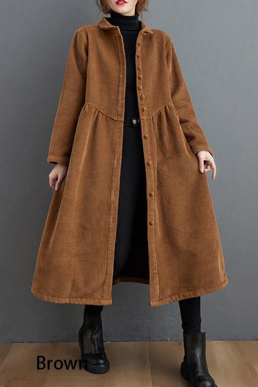 French blackish green corduroy coats Inspiration thick Cinched women coats ( Limited Stock) - SooLinen