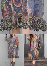 Butterfly Lace Patchwork Mink Velvet Dress O Neck Long Sleeve