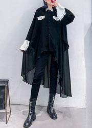 Buy black chiffon Long Shirts Work Outfits asymmetric Plus Size Clothing lapel Dresses - SooLinen