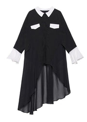 Buy black chiffon Long Shirts Work Outfits asymmetric Plus Size Clothing lapel Dresses - SooLinen