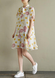 Buy lantern sleeve chiffon kaftans Fitted Neckline white dotted Art Dresses Summer - SooLinen