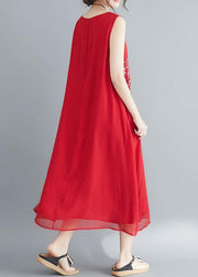 Buy red cotton blended Robes Women Shirts Sleeveless embroidery long Summer Dress - SooLinen
