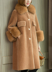 Camel Button Patchwork Teddy Faux Fur Coats Peter Pan Collar Long Sleeve