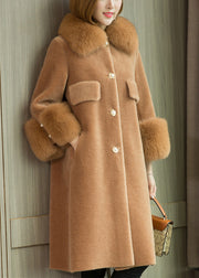 Camel Button Patchwork Woolen Coats Peter Pan Collar Winter