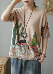 Camel Cozy Patchwork Cotton Knit Tops O Neck Summer