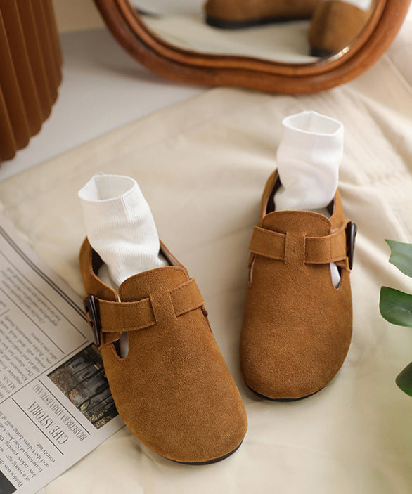 Camel Flat Feet Shoes Suede Cowhide Leather Buckle Strap Flats
