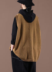 Camel Knitted  Waistcoat V Neck women sweatar vest - SooLinen