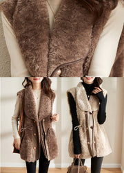 Camel Notched Drawstring Patchwork Thick Faux Fur Waistcoat Fall
