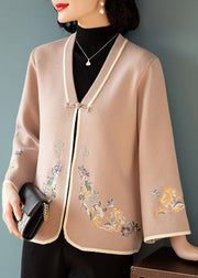 Camel Oriental Woolen Coat Outwear V NeckEmbroidered Long Sleeve