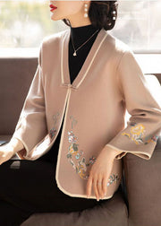 Camel Oriental Woolen Coat Outwear V NeckEmbroidered Long Sleeve