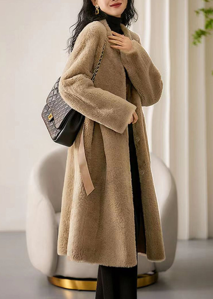 Camel Pockets Patchwork Wool Trench O Neck Button Winter