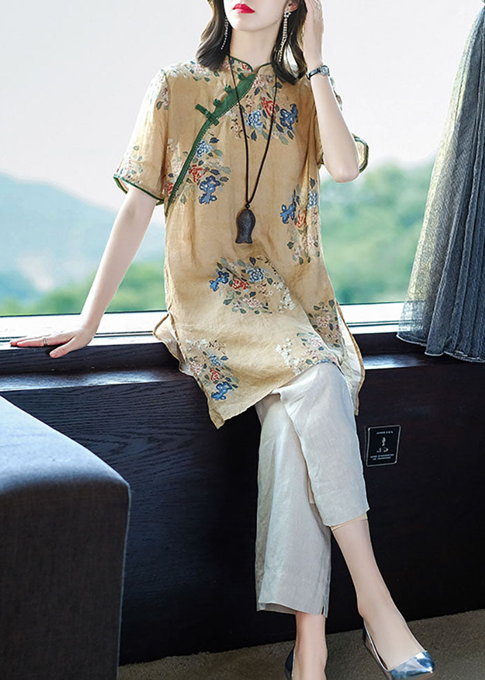 Camel Print Linen Long Shirt Ang Pant Two Piece Set Outfits Side Open Summer