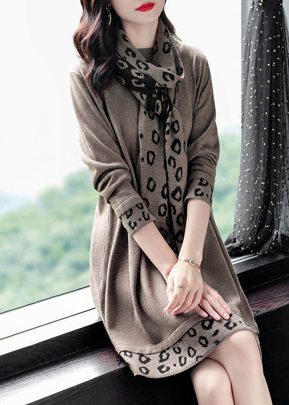 Camel Print Patchwork Knitted Dress O-Neck Scarf Long Sleeve