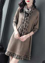 Camel Print Patchwork Knitted Dress O-Neck Scarf Long Sleeve