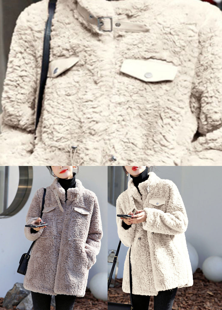 Camel Stand Collar Drawstring Thick Faux Fur Coats Fall