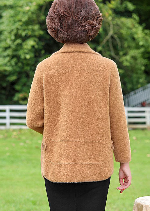 Camel Warm Mink Hair Knitted Coat Outwear Nail Bead Pockets Winter