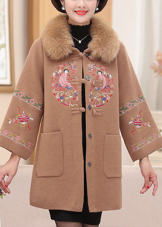 Camel Warm Woolen Coats Faux Fur Collar Embroidered Pockets Winter