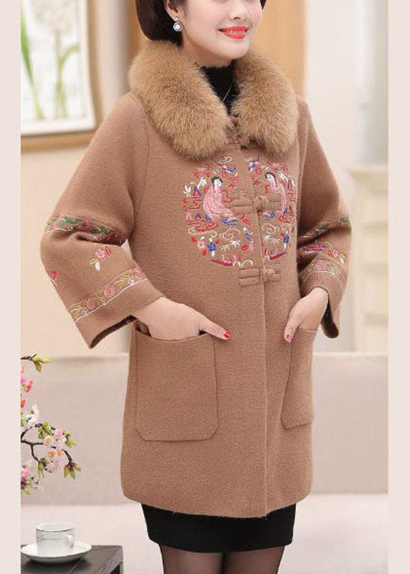 Camel Warm Woolen Coats Faux Fur Collar Embroidered Pockets Winter
