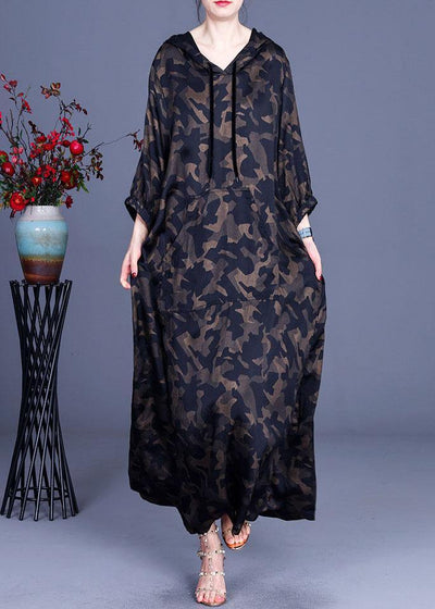 Camouflage Hooded Print Casual Summer Silk Long Dresses - SooLinen