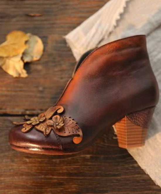 Caramel Cowhide Leather Retro Splicing Chunky Ankle Boots