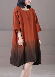 Caramel Exra Large Hem Cotton Vacation Dress O-Neck Gradient Color Half Sleeve