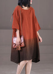 Karamellfarbenes Urlaubskleid aus Baumwolle mit großem Saum, O-Ausschnitt, Farbverlauf, halbe Ärmel